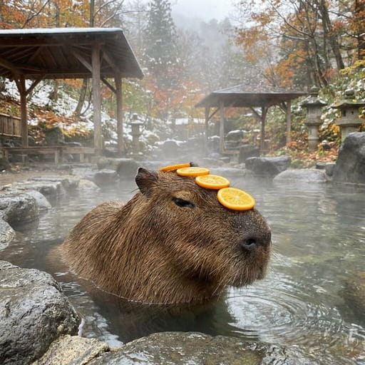 A capybara relaxing in a hot spring wearing a towel on its head, surrounded by oranges floating in the water, serene spa atmosphere, realistic photography