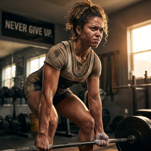 Athlete mid-lift in a gym, veins showing, intense focus, dramatic side lighting, sweat glistening, powerful fitness photography, never give up moment