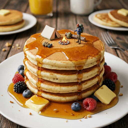 Tiny people camping on top of a stack of pancakes with syrup waterfalls, macro photography style, miniature breakfast landscape