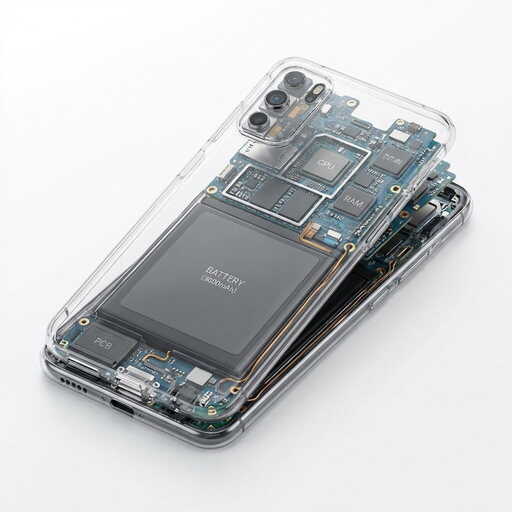 A transparent smartphone showing internal components, circuit boards and chips visible, 3D technical illustration, clean studio background