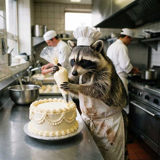 A raccoon in a chef's hat carefully decorating a cake in a professional kitchen, documentary photography style, serious expression