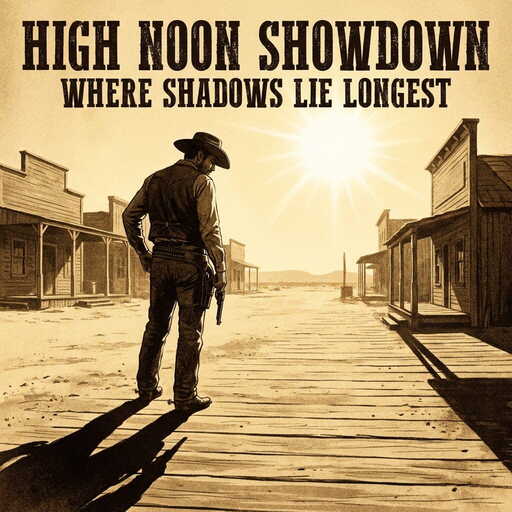 A lone cowboy standing in a dusty desert town at high noon, hand near holster, dramatic shadows, classic Western movie poster style