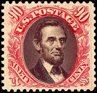 United States 1869 90c Abraham Lincoln stamp, photographed by a collector