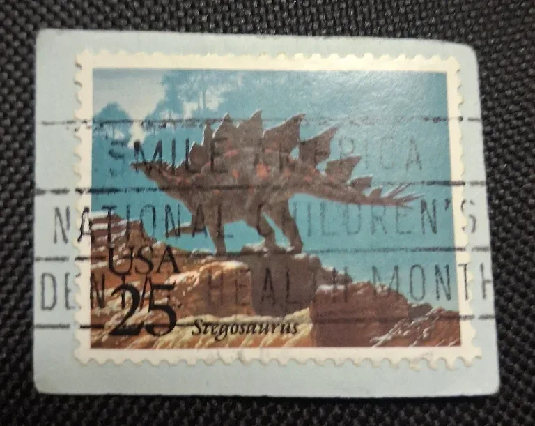 United States 1989 25 cents Stegosaurus 25c Prehistoric Animals stamp, photographed by a collector