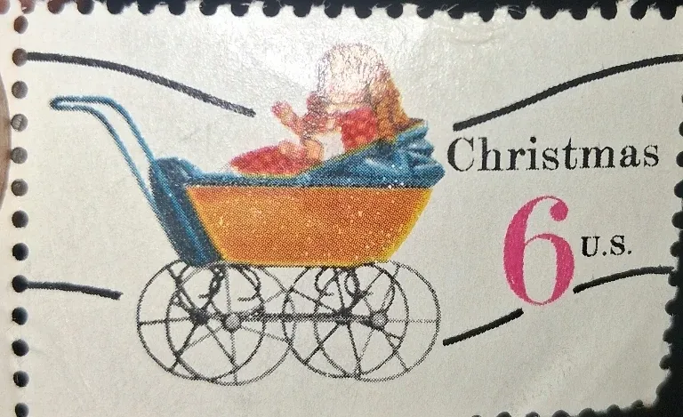 United States 1970 6 cents Christmas 1970 Doll Carriage 6c stamp, photographed by a collector