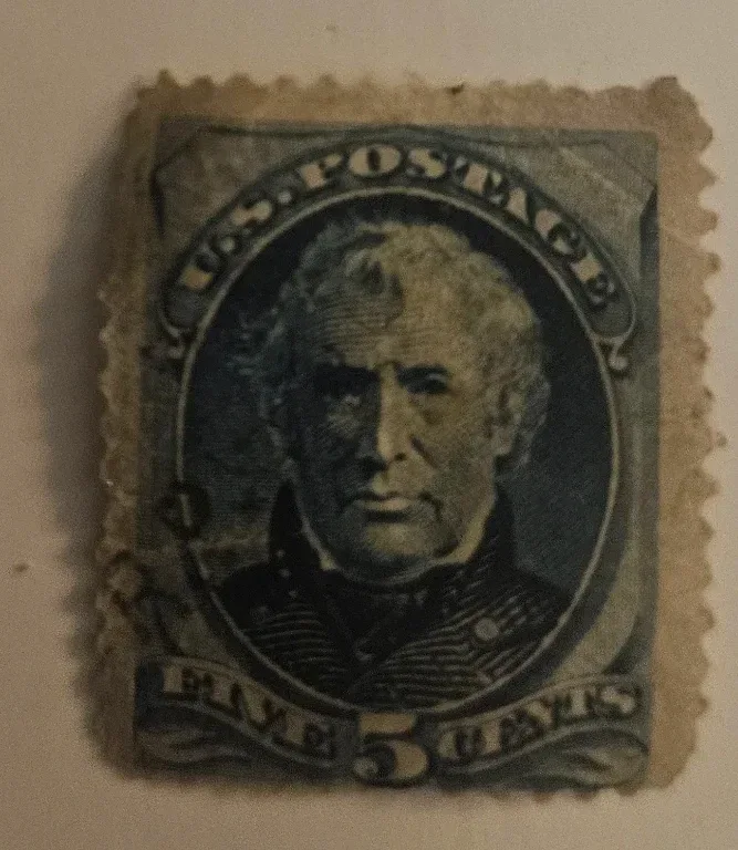 United States 1875 five 5 cents Zachary Taylor 5c Blue stamp, photographed by a collector