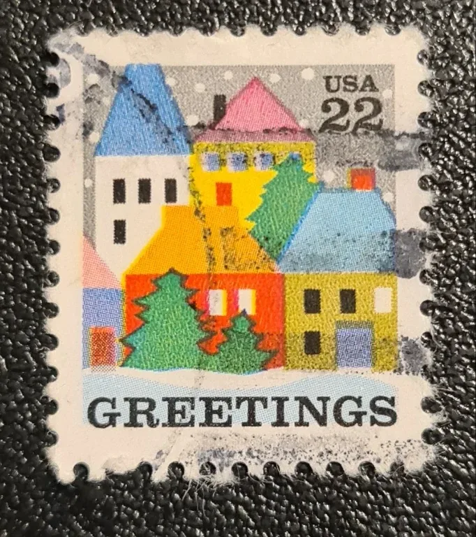 United States 1986 22 cents Christmas Village 22c Greetings stamp, photographed by a collector