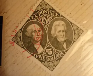 United States 1994 $5 FIVE DOLLARS Washington and Jackson $5 Diamond stamp, photographed by a collector