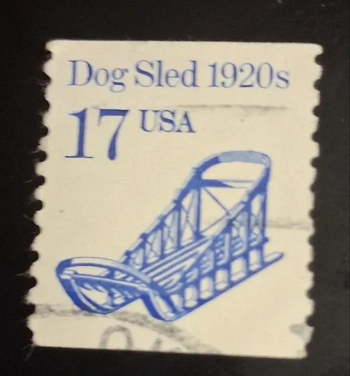United States 1986 17 cents Dog Sled 17c Transportation stamp, photographed by a collector