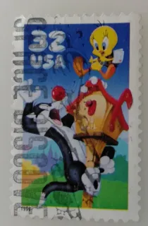 United States 1998 32 cents Sylvester and Tweety 32c stamp, photographed by a collector