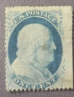 United States 1857 one cent Franklin 1c Blue Type V stamp, photographed by a collector
