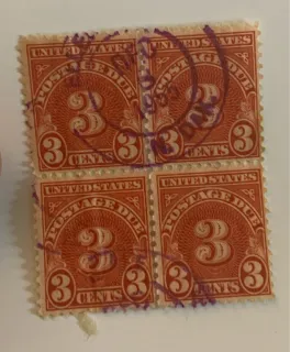 United States 1930 3 cents Postage Due 3c Block of 4 stamp, photographed by a collector