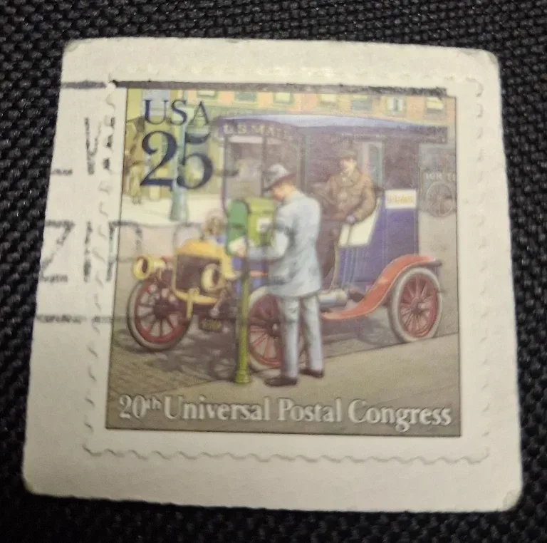 United States 1989 25 cents 20th Universal Postal Congress 25c Mail Truck stamp, photographed by a collector