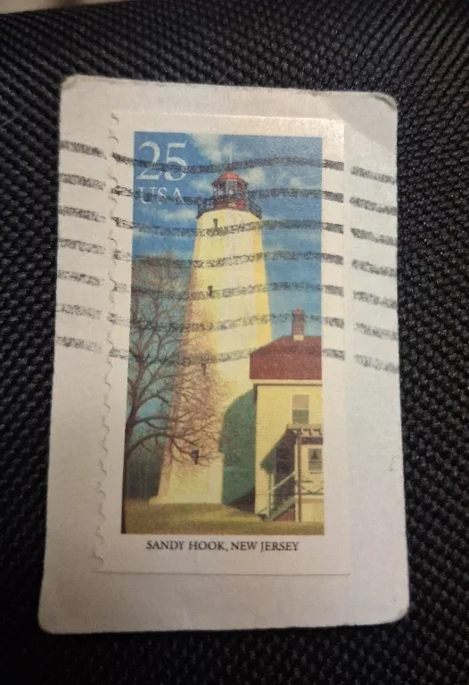 United States 1990 25 cents Sandy Hook Lighthouse 25c stamp, photographed by a collector