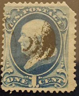 United States 1879 one cent Franklin 1c Bank Note stamp, photographed by a collector