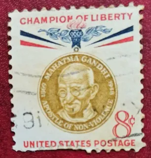 United States 1961 8 cents Mahatma Gandhi Champion of Liberty 8c stamp, photographed by a collector