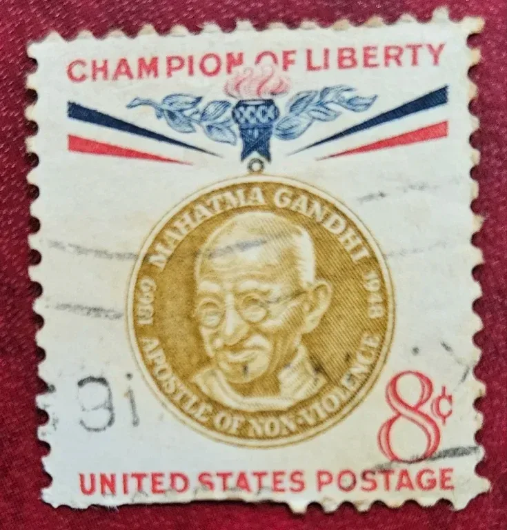 United States 1961 8 cents Mahatma Gandhi Champion of Liberty 8c stamp, photographed by a collector