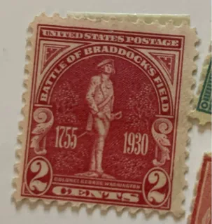 United States 1930 2 cents Battle of Braddock's Field 2c stamp, photographed by a collector