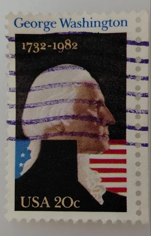 United States 1982 20c George Washington 250th Birth Anniversary stamp, photographed by a collector
