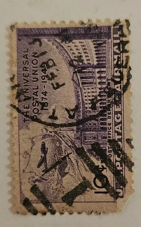 United States 1949 10 cents UPU 75th Anniversary 10c Airmail stamp, photographed by a collector