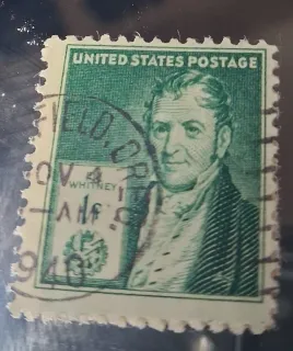 United States 1940 1 cent Eli Whitney 1c Famous Americans stamp, photographed by a collector