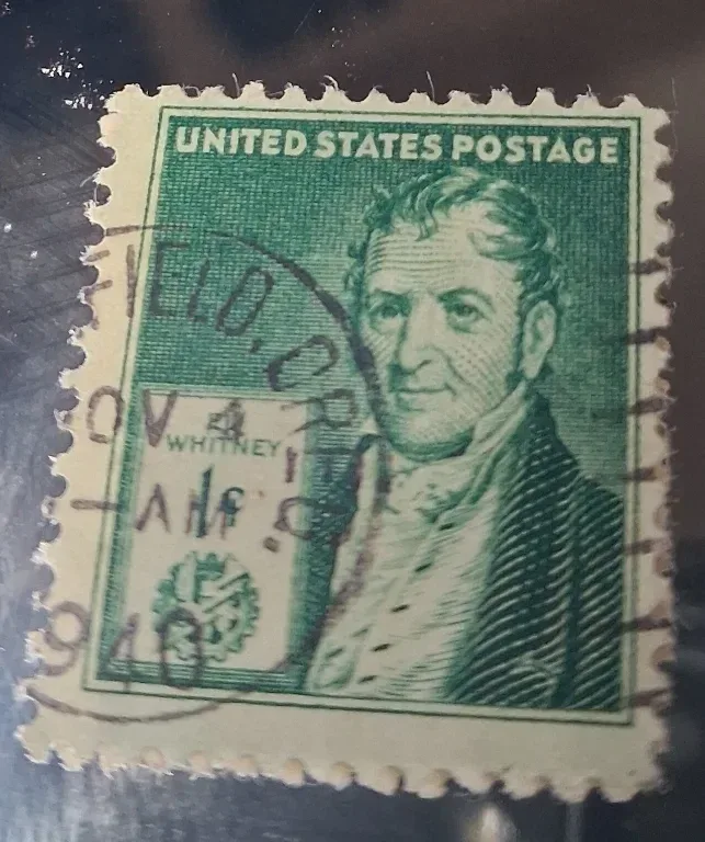 United States 1940 1 cent Eli Whitney 1c Famous Americans stamp, photographed by a collector