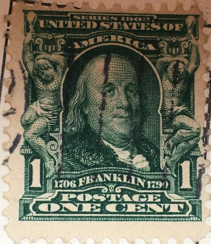 United States 1906 1c Benjamin Franklin postcard mailed stamp, photographed by a collector