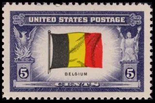 United States 1943 5 cents Overrun countries Belgium stamp, photographed by a collector