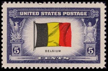 United States 1943 5 cents Overrun countries Belgium stamp, photographed by a collector