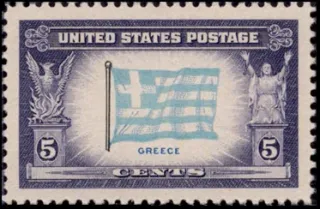 United States 1943 5 cents Overrun countries Greece stamp, photographed by a collector