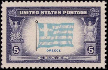 United States 1943 5 cents Overrun countries Greece stamp, photographed by a collector