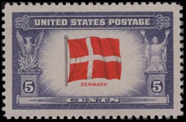 United States 1943 5 cents Overrun countries Denmark stamp, photographed by a collector