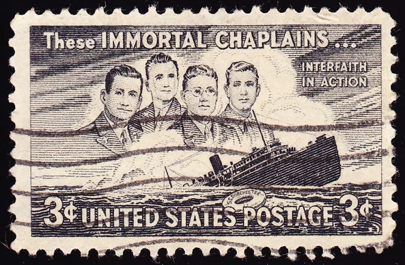 United States 1948 3c Immortal Chaplains stamp, photographed by a collector