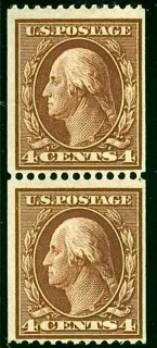 United States 1908 4c WF Washington coil stamp, photographed by a collector