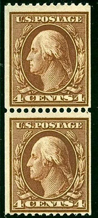 United States 1908 4c WF Washington coil stamp, photographed by a collector