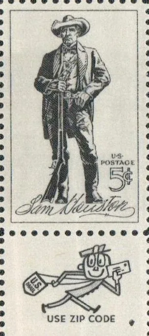 United States 1964 5 cents SamHoustonMrZIP stamp, photographed by a collector
