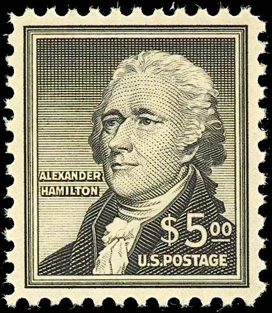 United States 1956 $5 Alexander Hamilton stamp, photographed by a collector