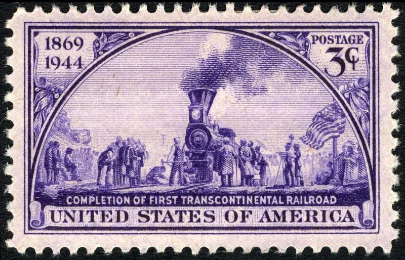 United States 1944 3c Transcontinental Railroad 75th Anniversary single stamp, photographed by a collector