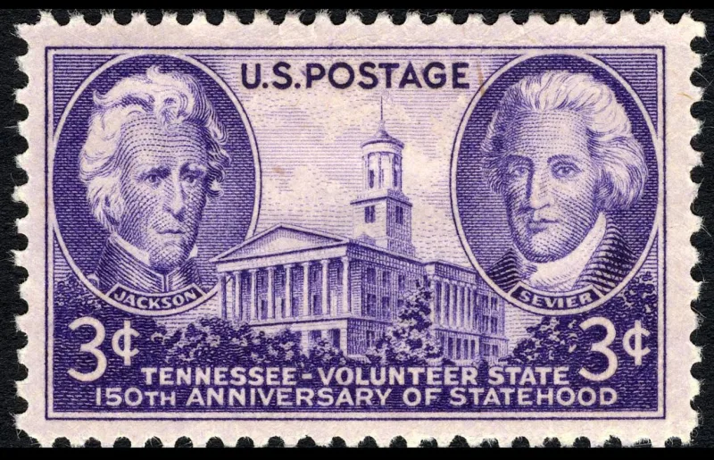 United States 1946 3c Tennessee Statehood Sesquicentennial stamp, photographed by a collector