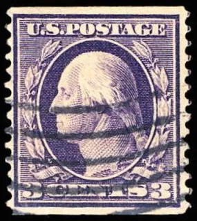 United States 1911 3c Wash Frank Orangeburg coil stamp, photographed by a collector
