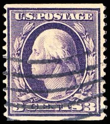 United States 1911 3c Wash Frank Orangeburg coil stamp, photographed by a collector