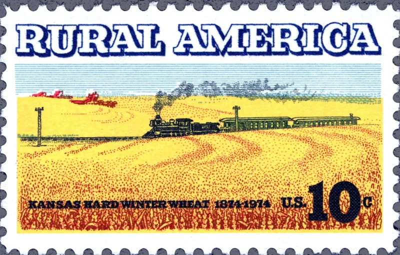 United States 1874 10c Rural Kansas hard winter whеat stamp, photographed by a collector