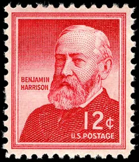 United States 1959 12c Benjamin Harrison stamp, photographed by a collector