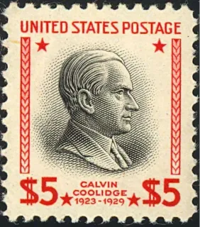 United States 1938 $5 Calvin Coolidge stamp, photographed by a collector