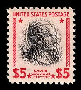 Another photo of the United States 1938 $5 Calvin Coolidge stamp
