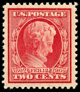 United States 1909 2c Abraham Lincoln stamp, photographed by a collector