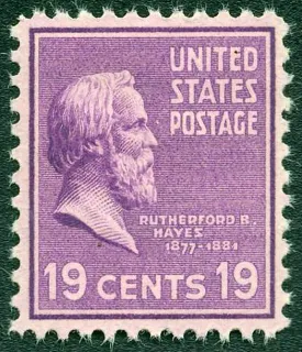 United States 1938 19c RB Hayes Issue stamp, photographed by a collector
