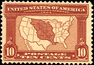 United States 1903 10c Louisiana Purchase stamp, photographed by a collector