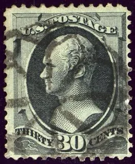 United States 1870 30c Alexander Hamilton stamp, photographed by a collector