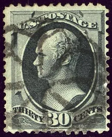 United States 1870 30c Alexander Hamilton stamp, photographed by a collector